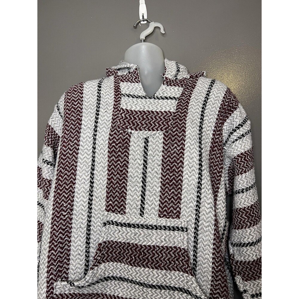 Baja Joe Hoodie Mens Large Burgundy Striped Baja Knit Pullover Kangaroo Pocket